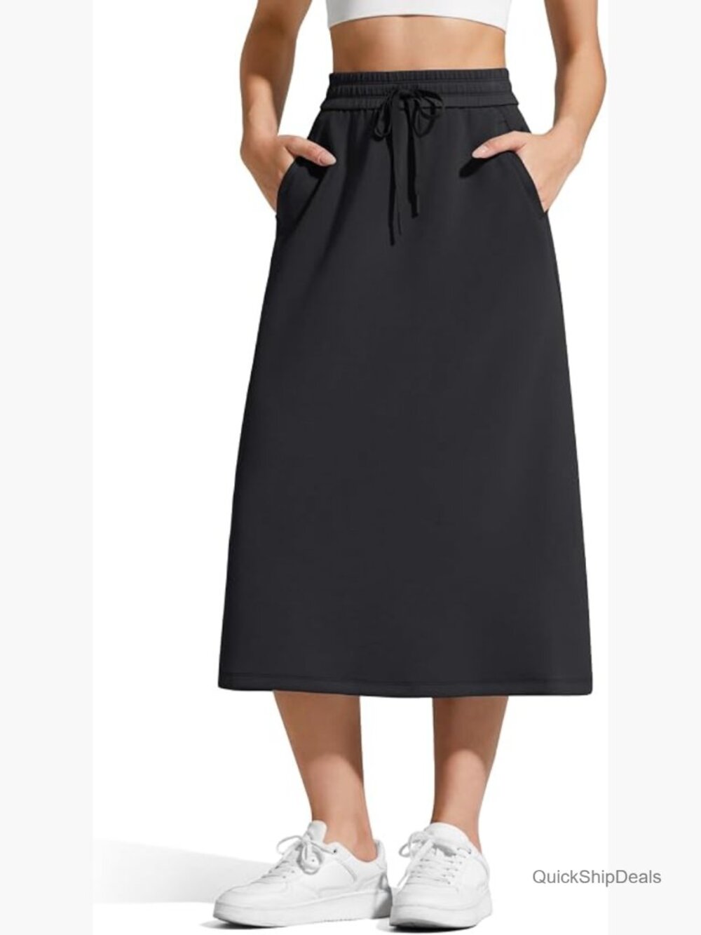 Modal Soft A-Line Midi Skirt with Pockets Elastic Drawstring